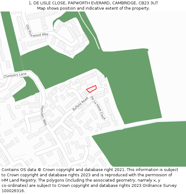 1, DE LISLE CLOSE, PAPWORTH EVERARD, CAMBRIDGE, CB23 3UT: Location map and indicative extent of plot