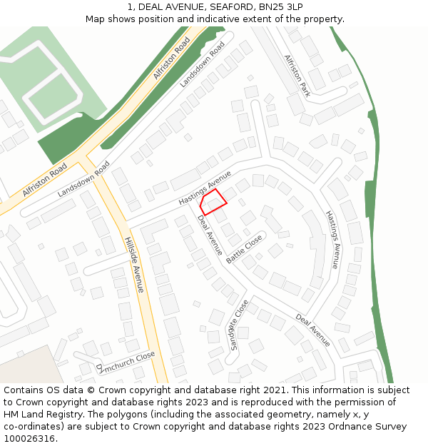 1, DEAL AVENUE, SEAFORD, BN25 3LP: Location map and indicative extent of plot