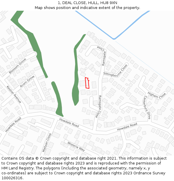 1, DEAL CLOSE, HULL, HU8 9XN: Location map and indicative extent of plot