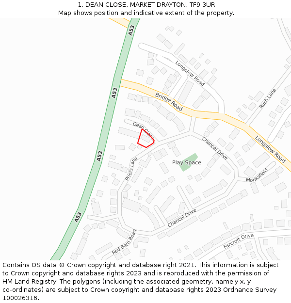 1, DEAN CLOSE, MARKET DRAYTON, TF9 3UR: Location map and indicative extent of plot