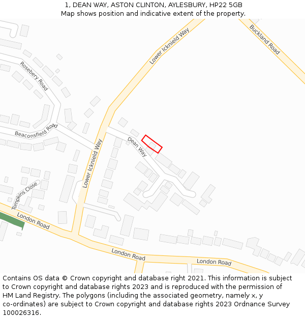 1, DEAN WAY, ASTON CLINTON, AYLESBURY, HP22 5GB: Location map and indicative extent of plot