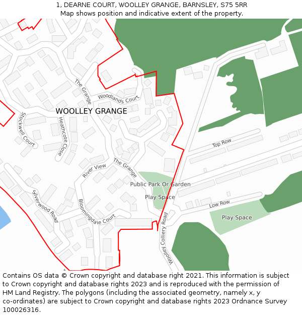 1, DEARNE COURT, WOOLLEY GRANGE, BARNSLEY, S75 5RR: Location map and indicative extent of plot