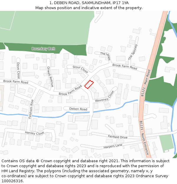 1, DEBEN ROAD, SAXMUNDHAM, IP17 1YA: Location map and indicative extent of plot