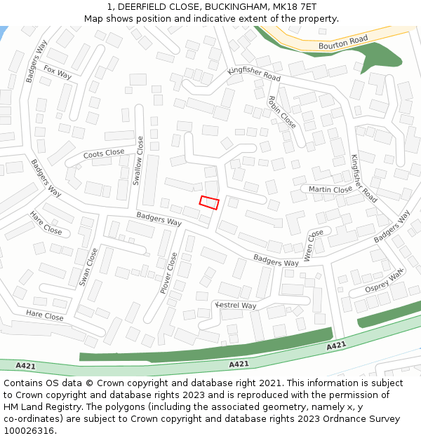 1, DEERFIELD CLOSE, BUCKINGHAM, MK18 7ET: Location map and indicative extent of plot