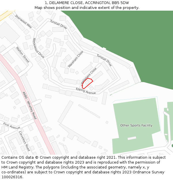 1, DELAMERE CLOSE, ACCRINGTON, BB5 5DW: Location map and indicative extent of plot