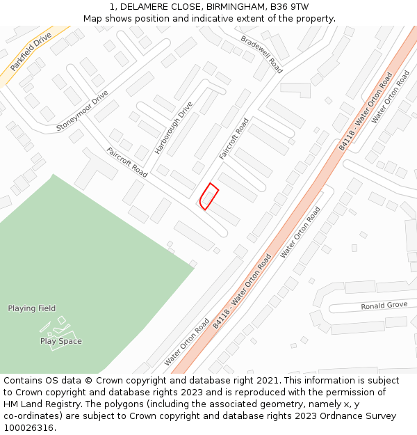 1, DELAMERE CLOSE, BIRMINGHAM, B36 9TW: Location map and indicative extent of plot