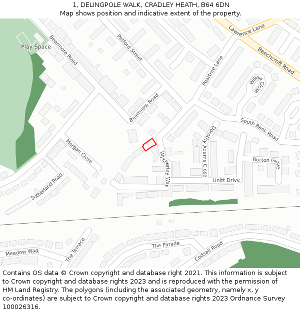 1, DELINGPOLE WALK, CRADLEY HEATH, B64 6DN: Location map and indicative extent of plot
