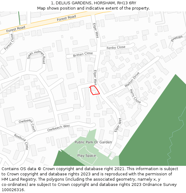 1, DELIUS GARDENS, HORSHAM, RH13 6RY: Location map and indicative extent of plot