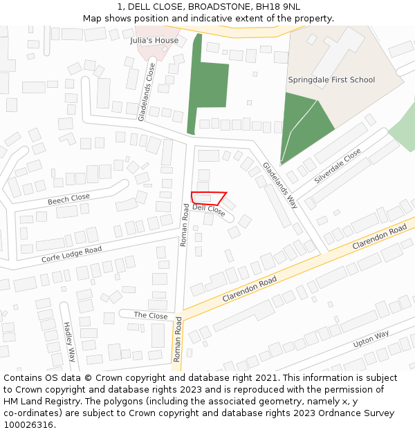 1, DELL CLOSE, BROADSTONE, BH18 9NL: Location map and indicative extent of plot