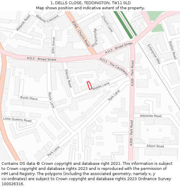 1, DELLS CLOSE, TEDDINGTON, TW11 0LD: Location map and indicative extent of plot