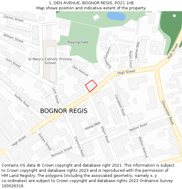 1, DEN AVENUE, BOGNOR REGIS, PO21 1HE: Location map and indicative extent of plot