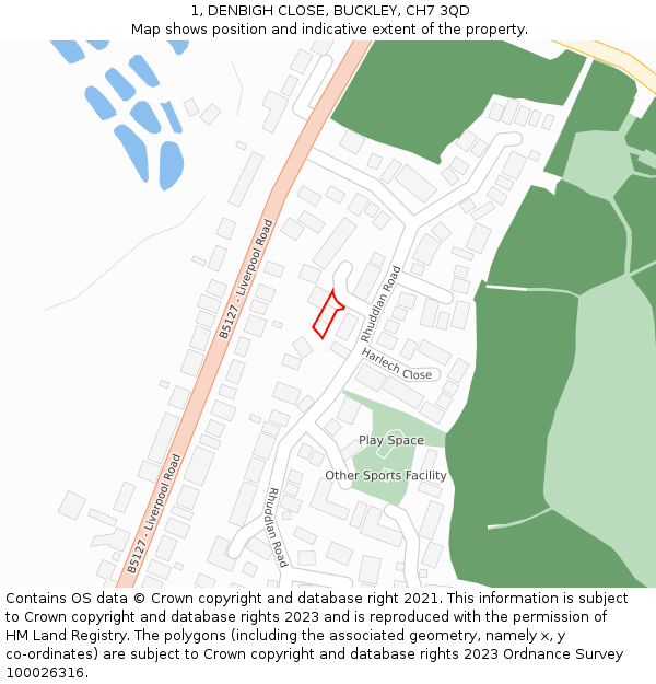 1, DENBIGH CLOSE, BUCKLEY, CH7 3QD: Location map and indicative extent of plot