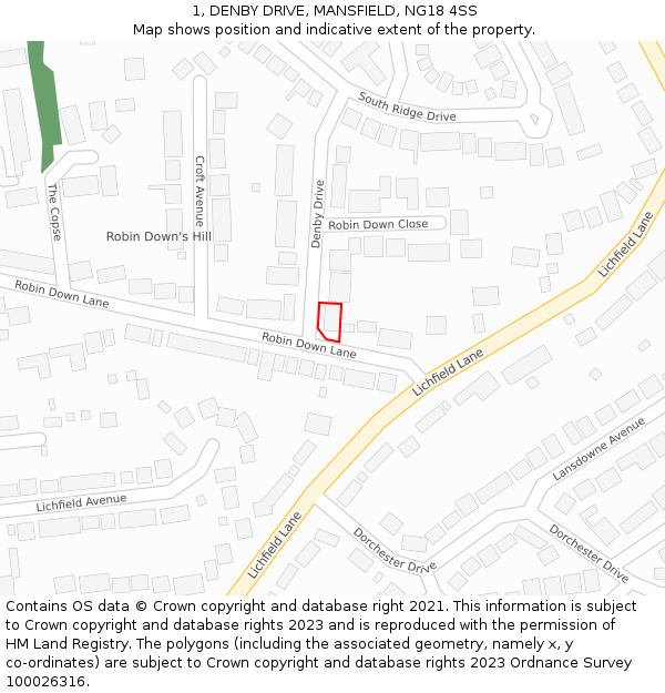 1, DENBY DRIVE, MANSFIELD, NG18 4SS: Location map and indicative extent of plot