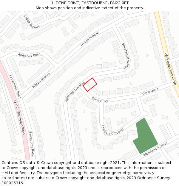 1, DENE DRIVE, EASTBOURNE, BN22 0ET: Location map and indicative extent of plot
