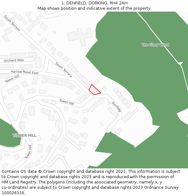 1, DENFIELD, DORKING, RH4 2AH: Location map and indicative extent of plot