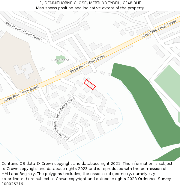 1, DENNITHORNE CLOSE, MERTHYR TYDFIL, CF48 3HE: Location map and indicative extent of plot