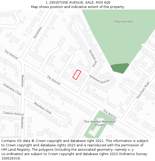 1, DENSTONE AVENUE, SALE, M33 4QE: Location map and indicative extent of plot