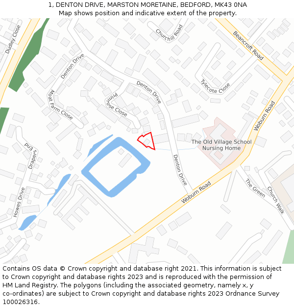 1, DENTON DRIVE, MARSTON MORETAINE, BEDFORD, MK43 0NA: Location map and indicative extent of plot