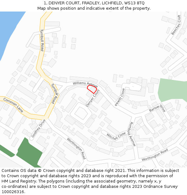 1, DENYER COURT, FRADLEY, LICHFIELD, WS13 8TQ: Location map and indicative extent of plot