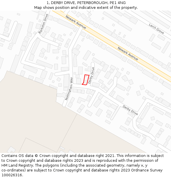 1, DERBY DRIVE, PETERBOROUGH, PE1 4NG: Location map and indicative extent of plot