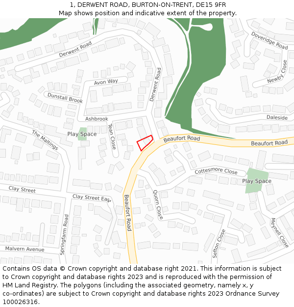 1, DERWENT ROAD, BURTON-ON-TRENT, DE15 9FR: Location map and indicative extent of plot