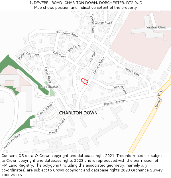 1, DEVEREL ROAD, CHARLTON DOWN, DORCHESTER, DT2 9UD: Location map and indicative extent of plot