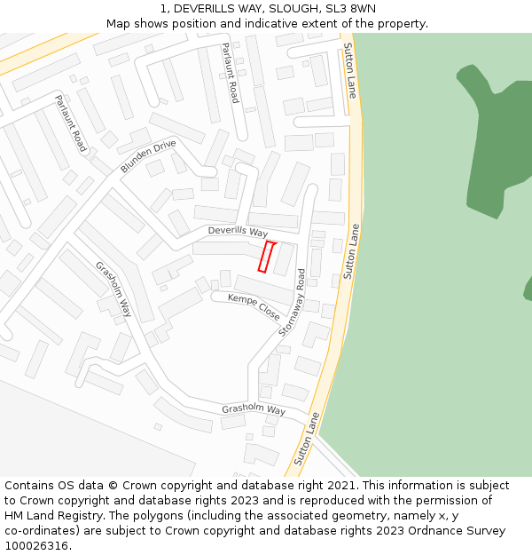 1, DEVERILLS WAY, SLOUGH, SL3 8WN: Location map and indicative extent of plot