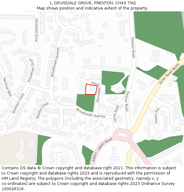 1, DEVISDALE GROVE, PRENTON, CH43 7NQ: Location map and indicative extent of plot