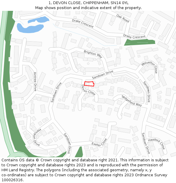 1, DEVON CLOSE, CHIPPENHAM, SN14 0YL: Location map and indicative extent of plot