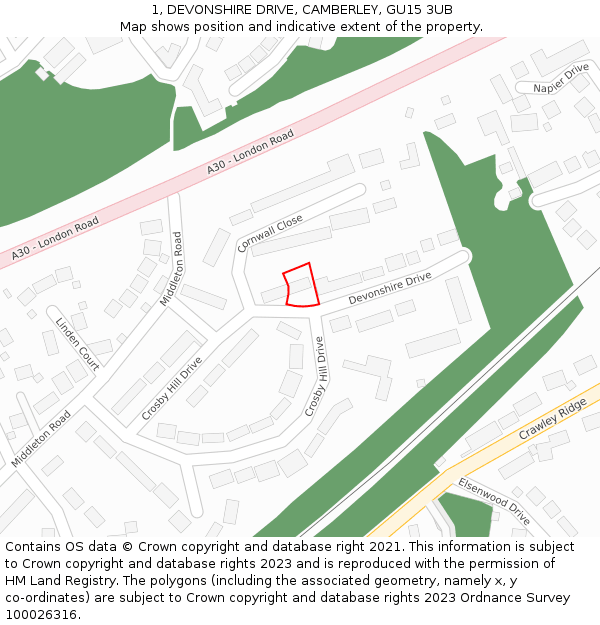 1, DEVONSHIRE DRIVE, CAMBERLEY, GU15 3UB: Location map and indicative extent of plot