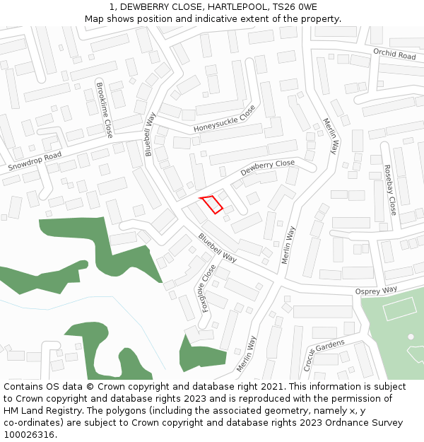 1, DEWBERRY CLOSE, HARTLEPOOL, TS26 0WE: Location map and indicative extent of plot