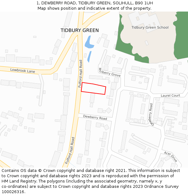 1, DEWBERRY ROAD, TIDBURY GREEN, SOLIHULL, B90 1UH: Location map and indicative extent of plot