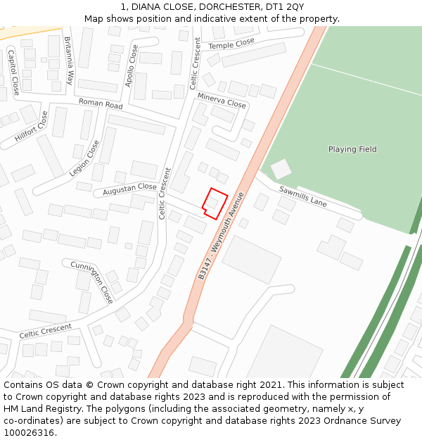 1, DIANA CLOSE, DORCHESTER, DT1 2QY: Location map and indicative extent of plot