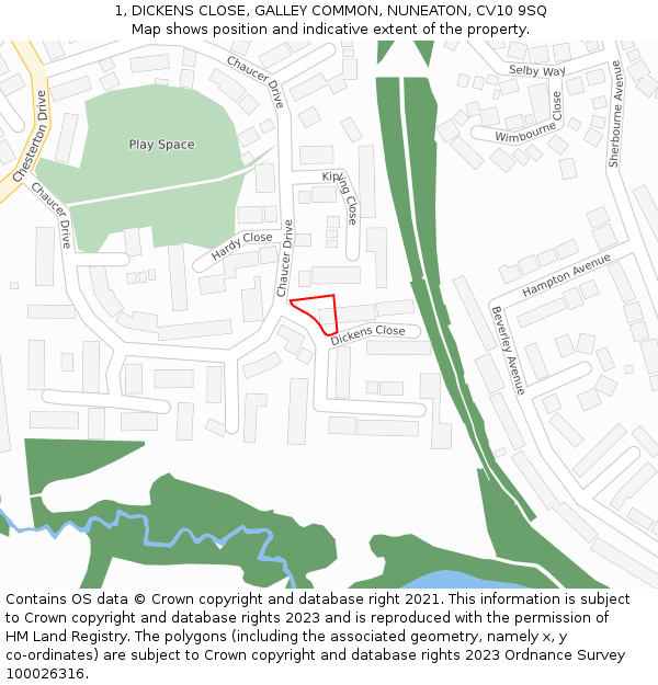 1, DICKENS CLOSE, GALLEY COMMON, NUNEATON, CV10 9SQ: Location map and indicative extent of plot