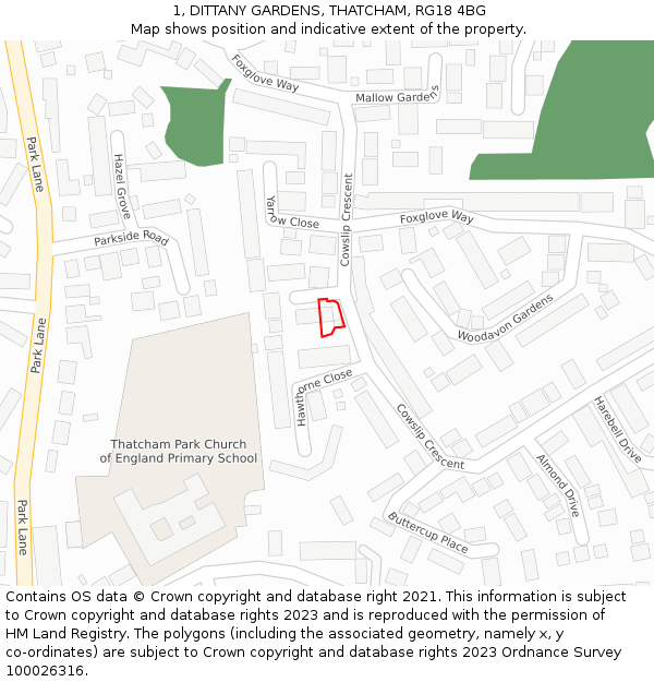 1, DITTANY GARDENS, THATCHAM, RG18 4BG: Location map and indicative extent of plot