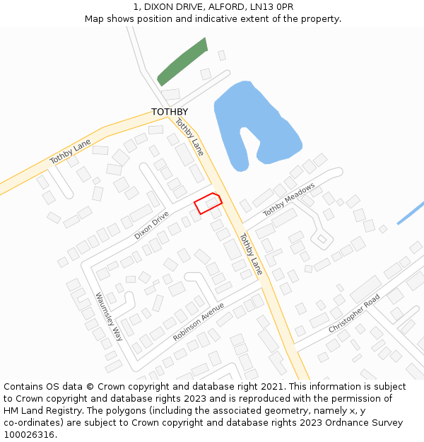 1, DIXON DRIVE, ALFORD, LN13 0PR: Location map and indicative extent of plot