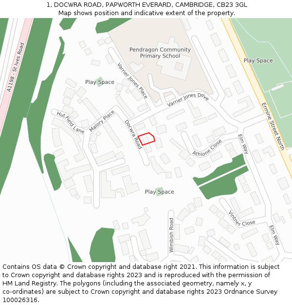 1, DOCWRA ROAD, PAPWORTH EVERARD, CAMBRIDGE, CB23 3GL: Location map and indicative extent of plot