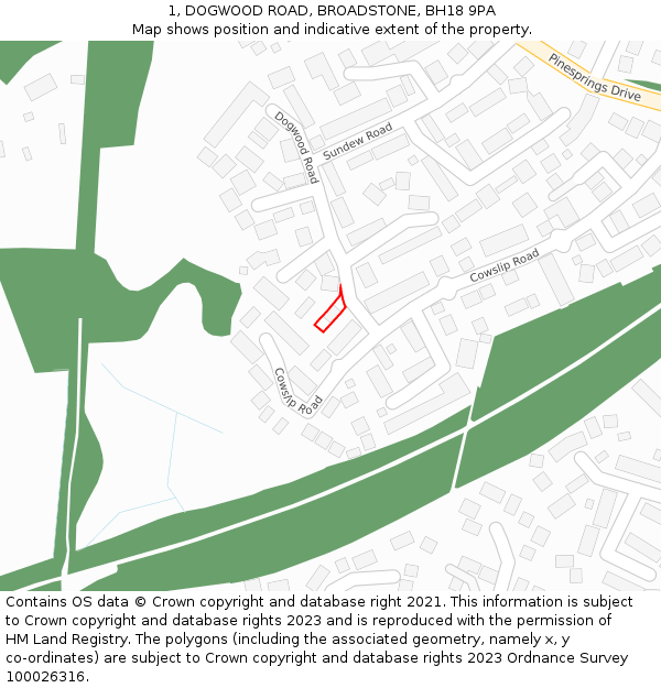 1, DOGWOOD ROAD, BROADSTONE, BH18 9PA: Location map and indicative extent of plot