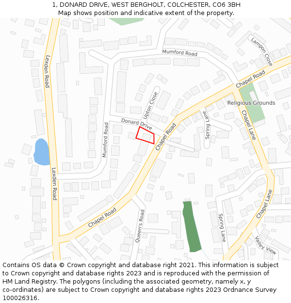 1, DONARD DRIVE, WEST BERGHOLT, COLCHESTER, CO6 3BH: Location map and indicative extent of plot