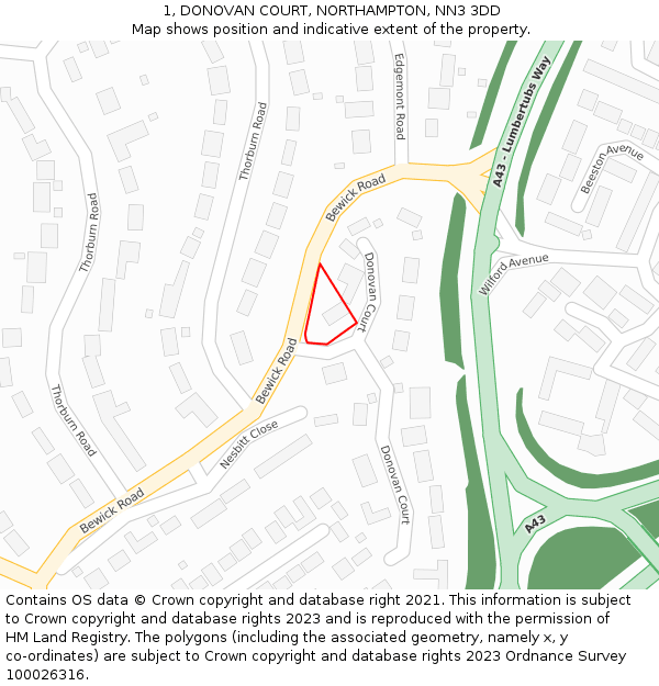 1, DONOVAN COURT, NORTHAMPTON, NN3 3DD: Location map and indicative extent of plot