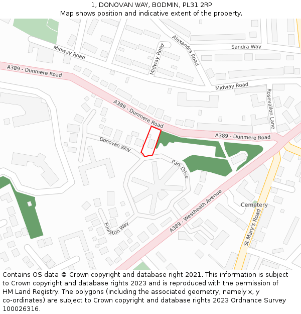 1, DONOVAN WAY, BODMIN, PL31 2RP: Location map and indicative extent of plot