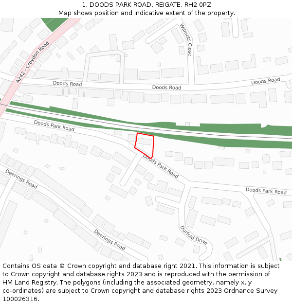 1, DOODS PARK ROAD, REIGATE, RH2 0PZ: Location map and indicative extent of plot