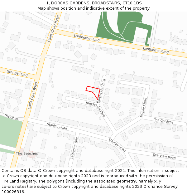 1, DORCAS GARDENS, BROADSTAIRS, CT10 1BS: Location map and indicative extent of plot