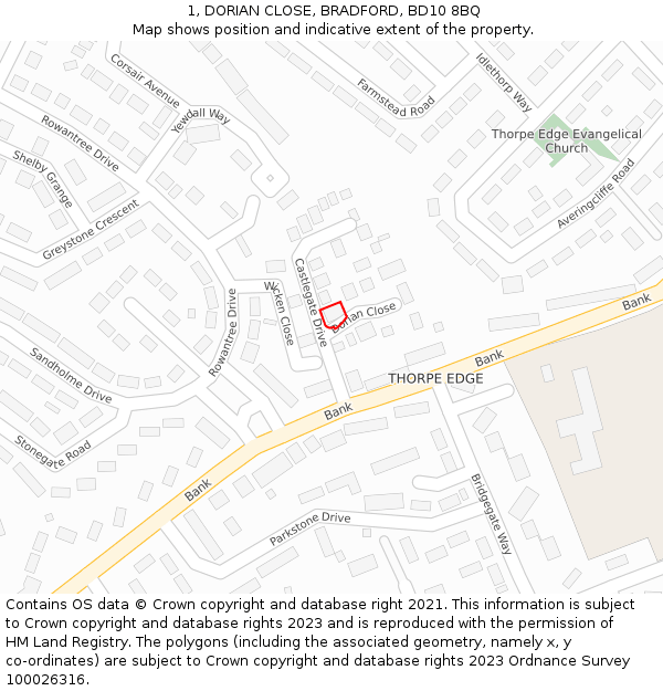 1, DORIAN CLOSE, BRADFORD, BD10 8BQ: Location map and indicative extent of plot