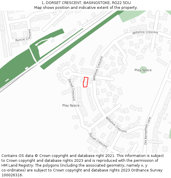 1, DORSET CRESCENT, BASINGSTOKE, RG22 5DU: Location map and indicative extent of plot