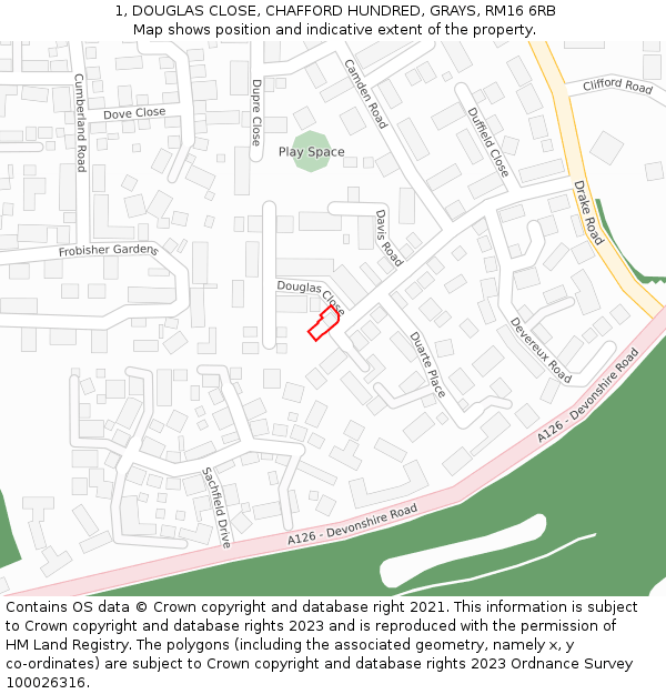 1, DOUGLAS CLOSE, CHAFFORD HUNDRED, GRAYS, RM16 6RB: Location map and indicative extent of plot