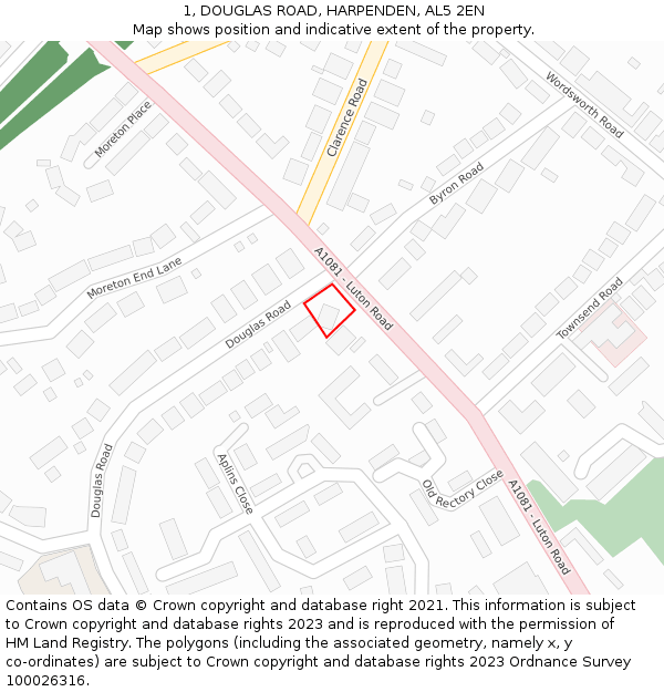 1, DOUGLAS ROAD, HARPENDEN, AL5 2EN: Location map and indicative extent of plot