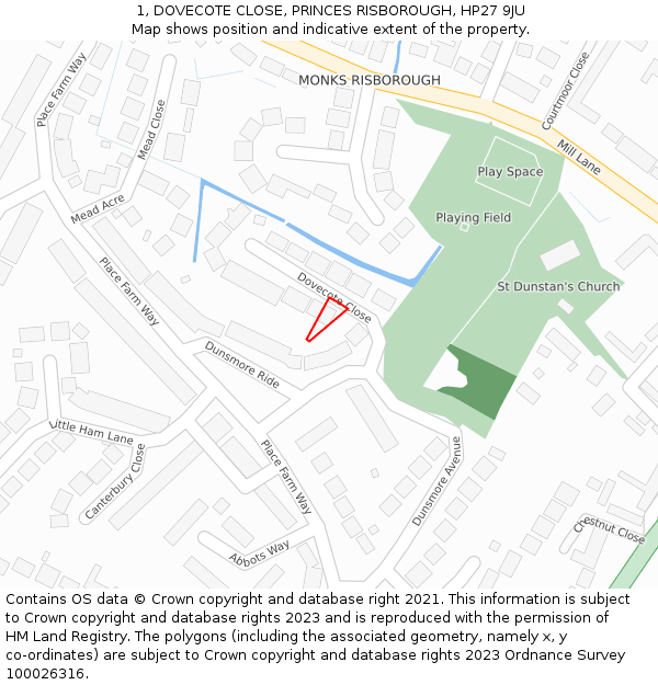 1, DOVECOTE CLOSE, PRINCES RISBOROUGH, HP27 9JU: Location map and indicative extent of plot