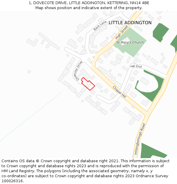 1, DOVECOTE DRIVE, LITTLE ADDINGTON, KETTERING, NN14 4BE: Location map and indicative extent of plot