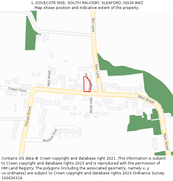 1, DOVECOTE RISE, SOUTH RAUCEBY, SLEAFORD, NG34 8WZ: Location map and indicative extent of plot